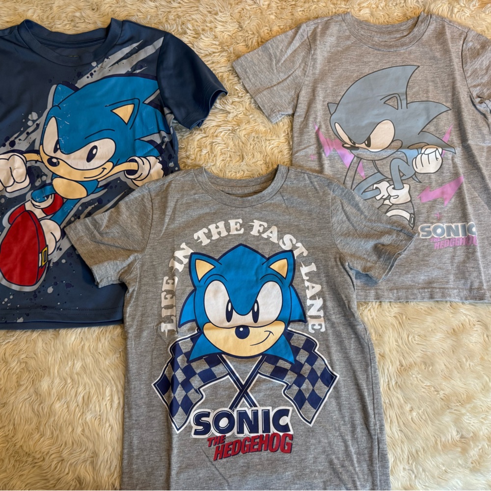 3 Sonic the Hedgehog Kids Short Sleeve T-Shirts - Blue and Gray (Bundle)